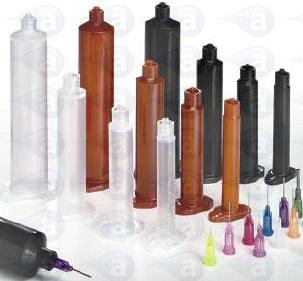 Adhesive dispensing syringe barrel tip components